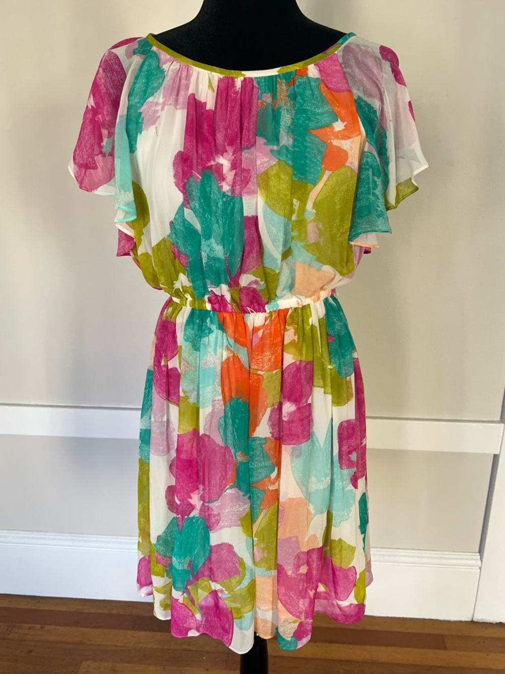 EUC Calvin Klein Watercolor Pink and Teal Flowy Floral Summer Midi Dress Sz 8